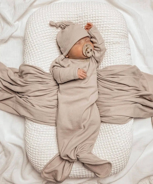 Ribbed Neutral Knotted Gown Set