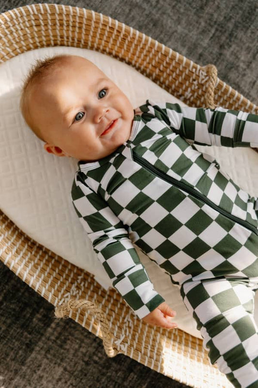 Bamboo Zippered Romper in Evergreen Checks
